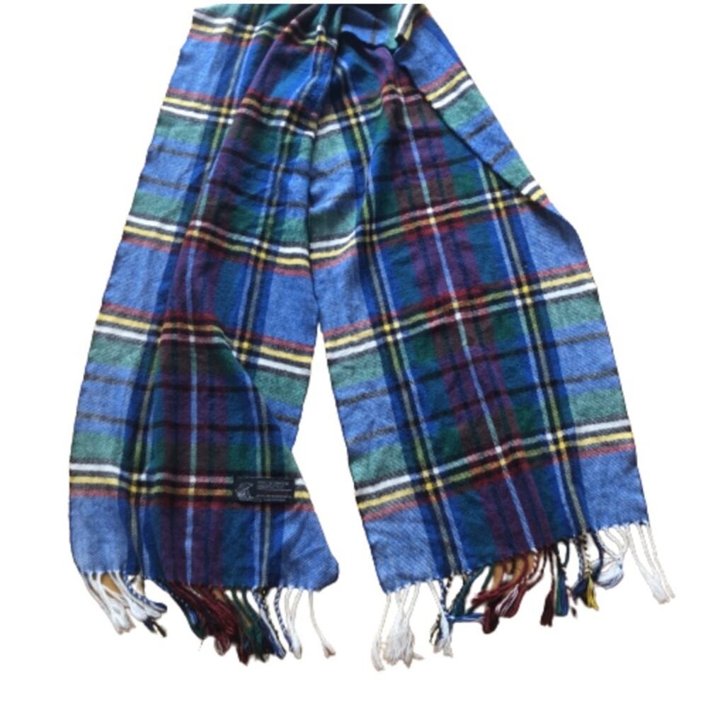 Vintage Colorful Plaid Cashmere Scarf Fringe Italian Soft Rainbow Colors